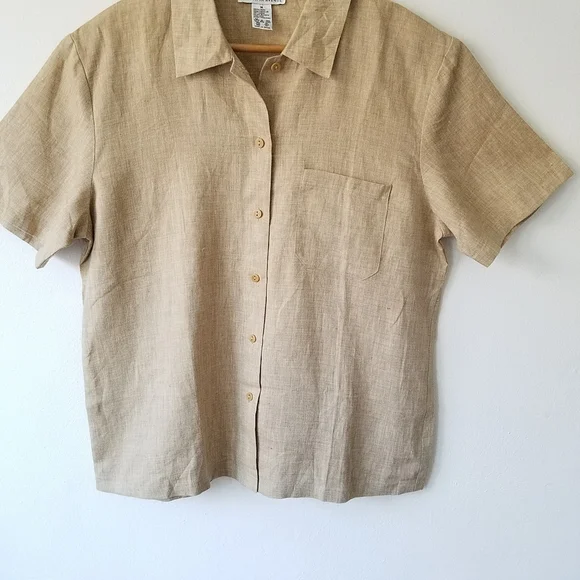 Vintage Real Clothes Saks Fith Avenue  100% Linen Beige Button Front Shirt  M - Picture 9 of 11